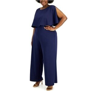NWT Connected Apparel Women's Plus Capelet Wide Leg Jumpsuit in Navy